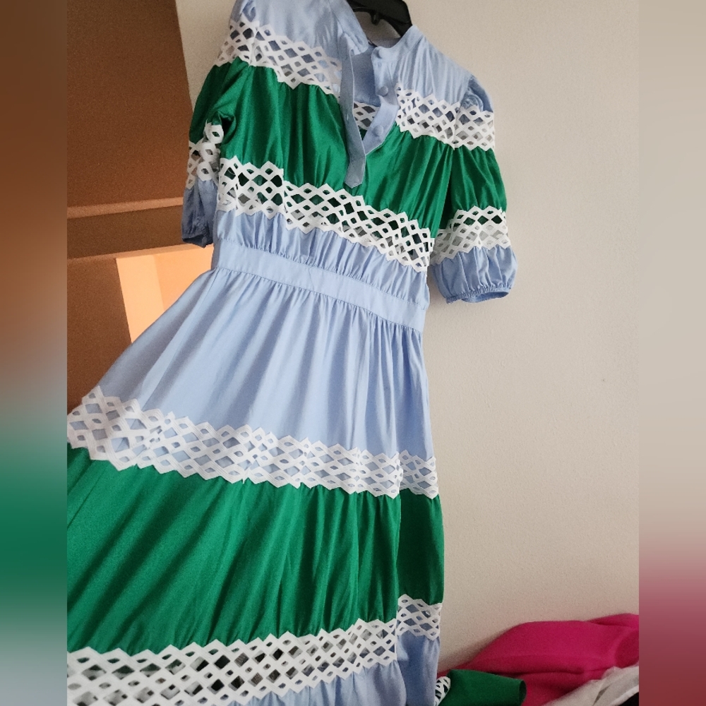 Dolce Squa BLUE & GREEN COLOR BLOCK MAXI WITH WHITE TRIMMINGSsz L - Picture 7 of 15